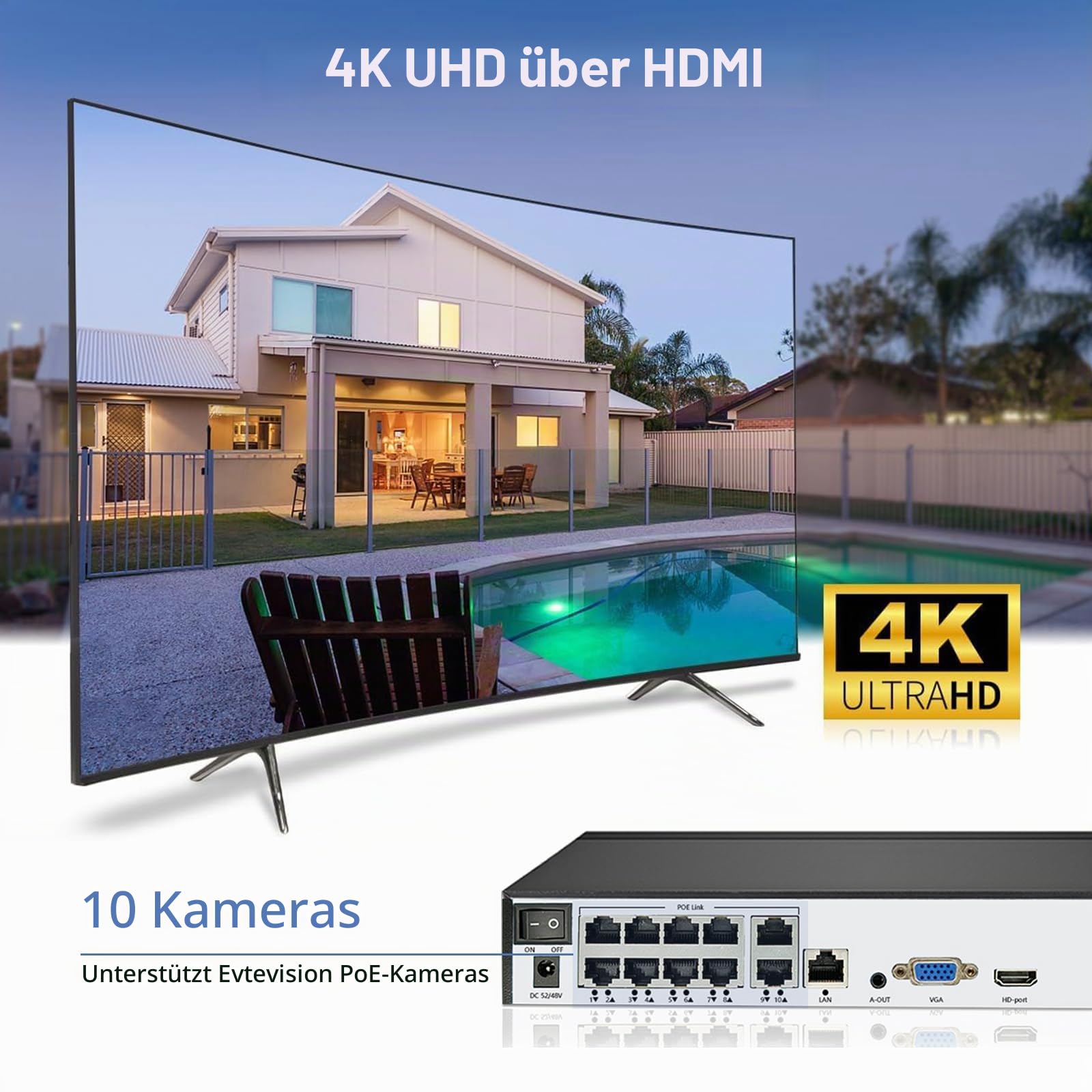 10 Kanal 4K NVR Überwachungssystem Rekorder, 10CH PoE NVR Recorder für 8MP/6MP/5MP/4MP/1080p/720p PoE IP Kamera, unterstützt ONVIF, HDMI/VGA Ausgang, Fernzugriff, H.265+