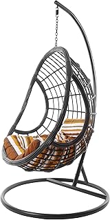Kideo Komplettset: großer Hängesessel mit Gestell & Kissen, Schwingsessel, Poly-Rattan, grau, anthrazit (Kissen: bunt Gemustert Chesterstepp (8640 Retro Stripes))