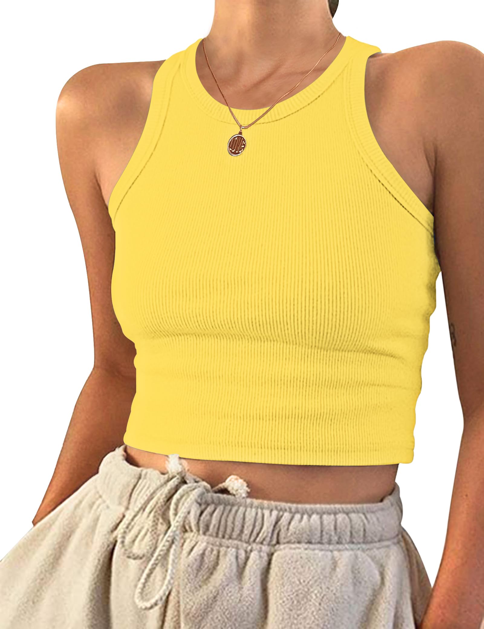 PLOKNRD Damen Crop Tops Rundhals Tank Top Sommer Ärmellos Bauchfrei Oberteil