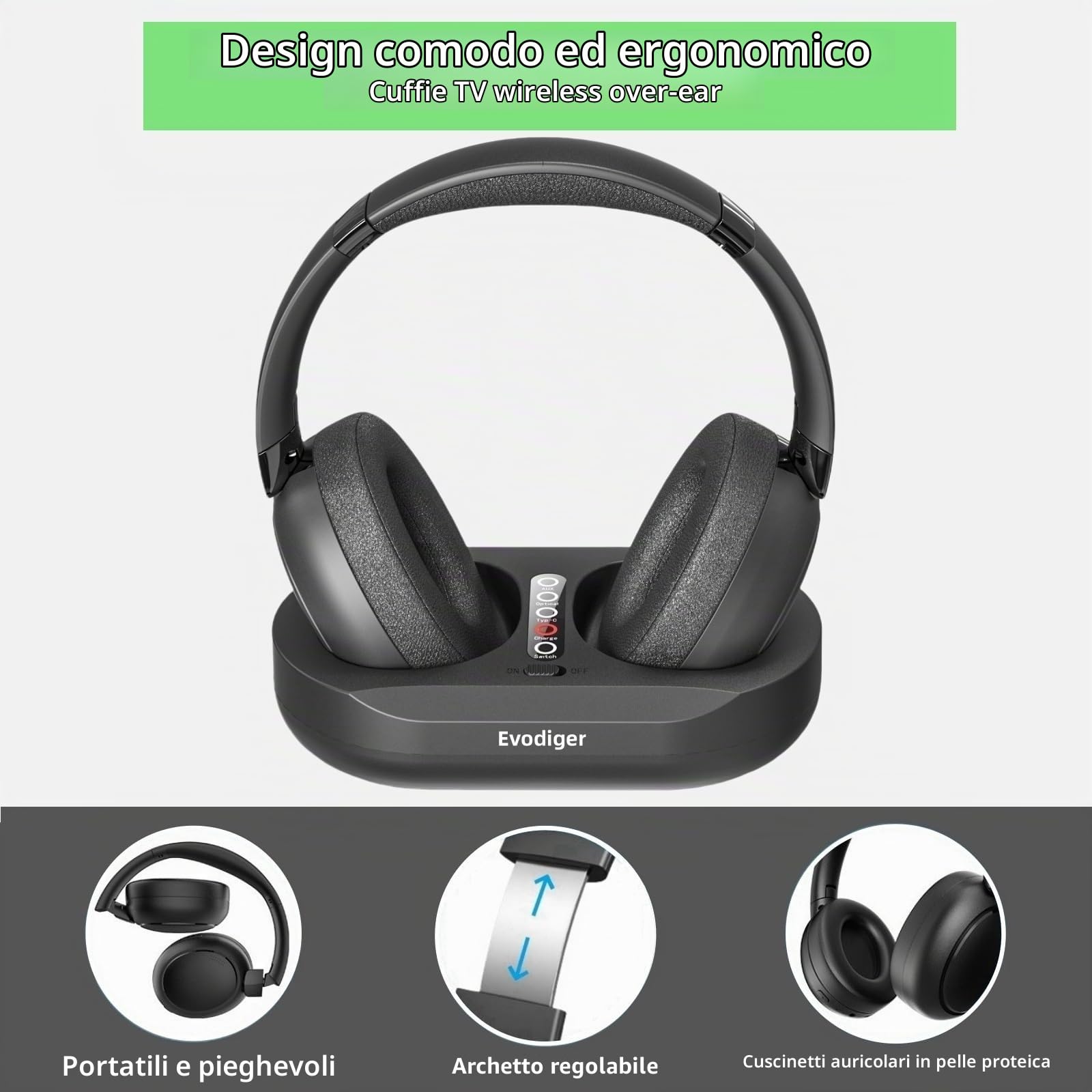 Cuffie TV Senza Fili per Anziani, Cuffie TV Wireless con Base di Ricarica Del Trasmettitore, Comode Cuffie Over-Ear, Batteria a Lunga Durata, Facile Controllo del Volume, Ideali per Guardare la TV
