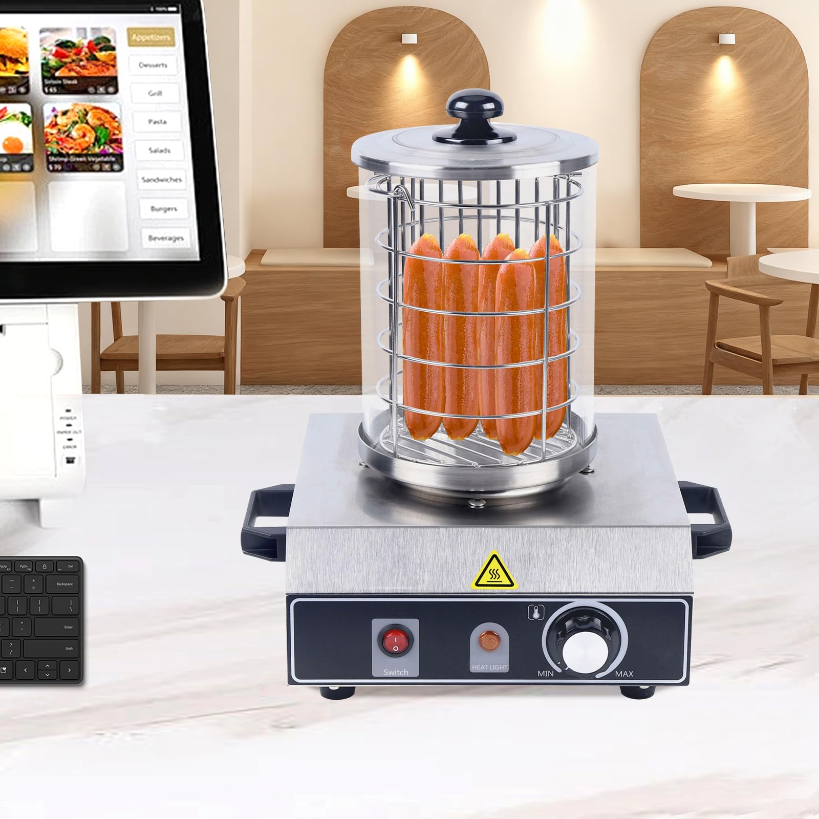 Edelstahl Bockwurstwärmer Würstchenwärmer Hot Dog Gerät 350W 30-85℃ einstellbarer Temperatur Elektrischer Wurstkocher 16x21,5cm Hot Dog Maker für Bäckereien Cafés Partys Verkaufswagen