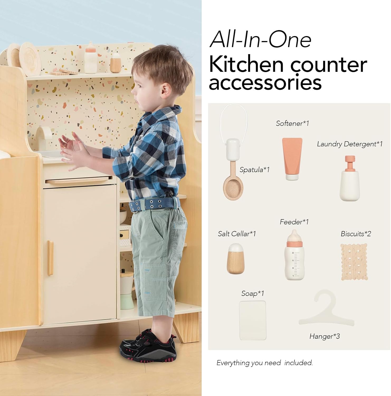 Wooden Baby Doll Crib, 4-in-1 Wooden Baby Care Playset with Cradle, Montessori Role Play Toy for Kids Ages 3-9，Kitchen Playset & Play Kitchen Toy Set, Gift for Boys & Girls