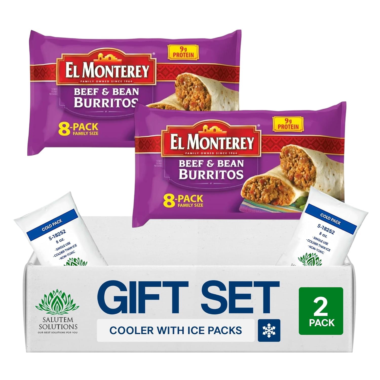 Salutem Vita Beef & Bean Burritos Frozen Gift Set - Pack of 2, 8 Burritos 32oz Quick Mexican Meals