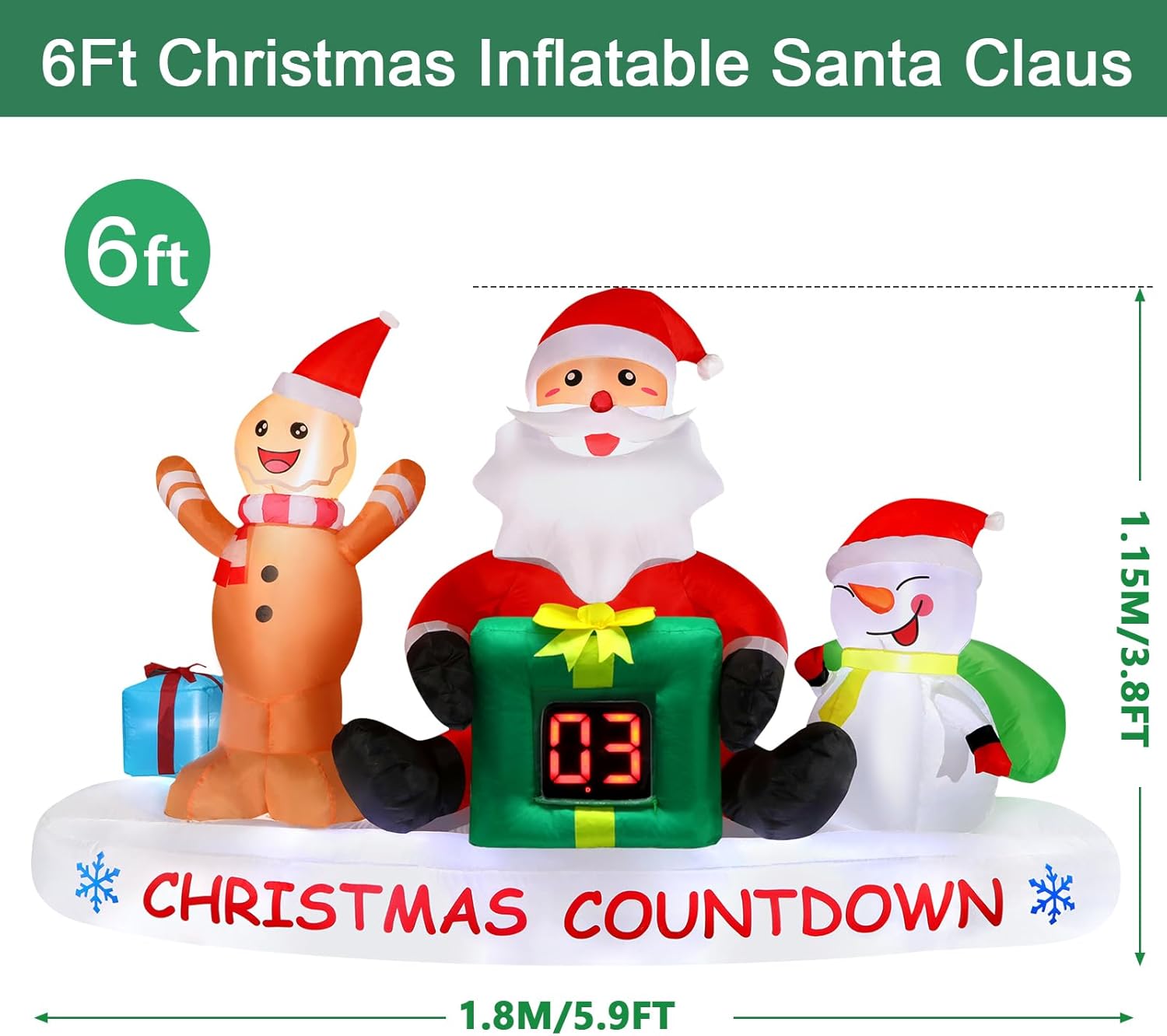Alupssuc 6 FT Christmas Inflatable Outdoor Decorations with LED Christmas Countdown Clock, Snowman Santa and Gingerbread Man, Lighted Blow Up Lawn Yard Clearance for Indoor Xmas Holiday Party Decor
