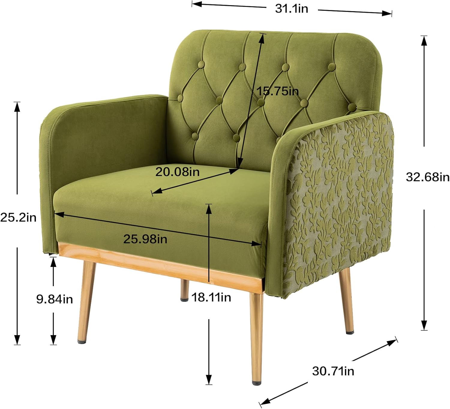 Velvet Tufted Accent Chair Comfort Living Room Lounge Armchair, Upholstered Sofa Chair with Rose Gold Metal Trim, Square Bedroom Chair Perfect for Relaxing for Bedroom Office Decorative