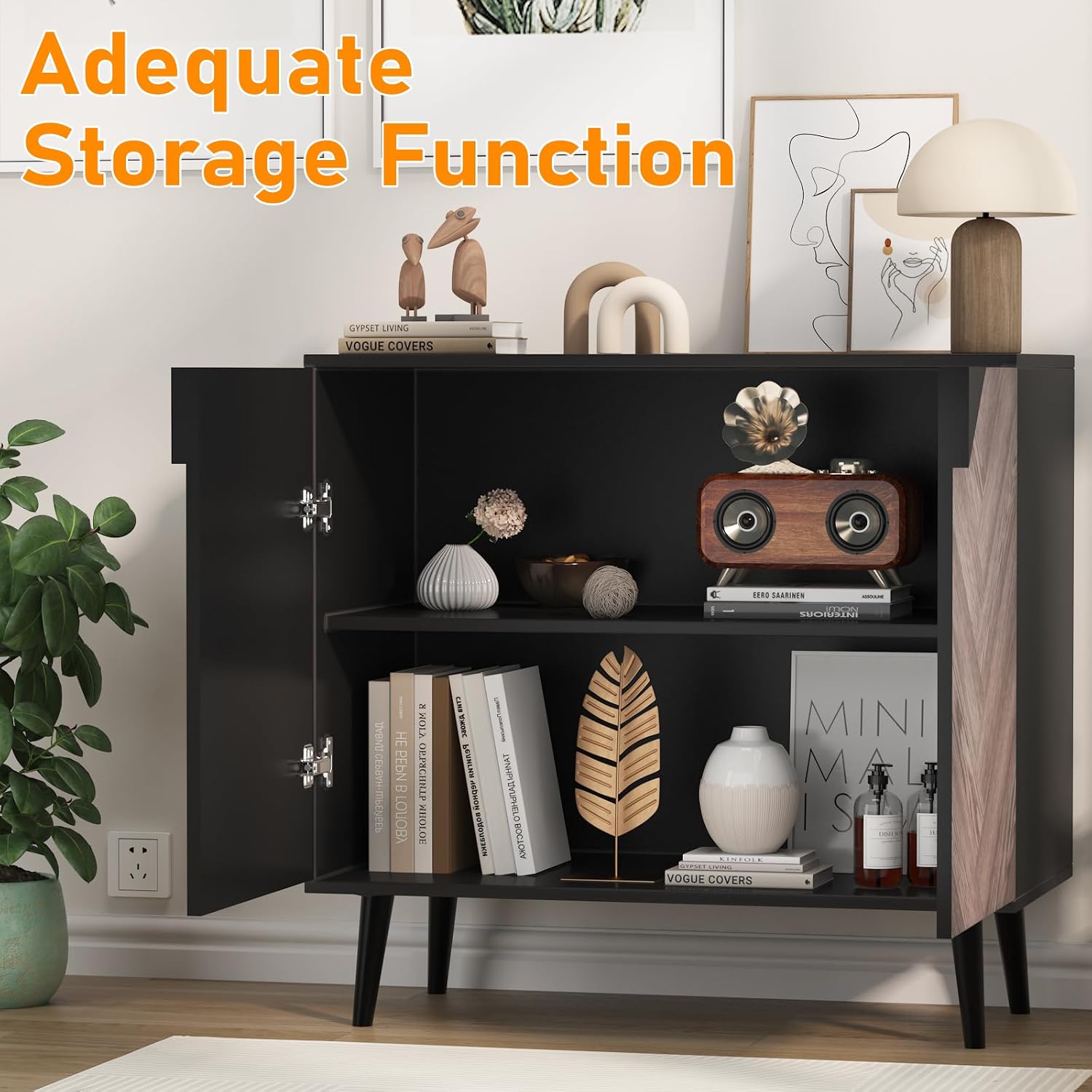 GarveeHome 31.5 in Storage Cabinet with Shelf & Doors, Modern Sideboard Buffet Cabinet with Storage, Free Standing Accent Cabinet for Dining Room, Living Room, Entryway, Black+Grey Grain