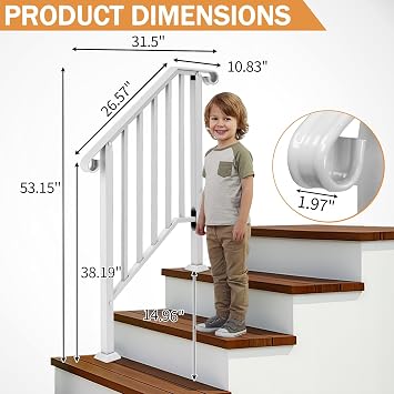 Outvita Handrails for Outdoor Steps, Wrought Iron Handrail Fits 2 or 3 Steps, Transitional Handrail with Installation Kit, Stair Railing for Concrete Steps or Wooden Stairs(White)