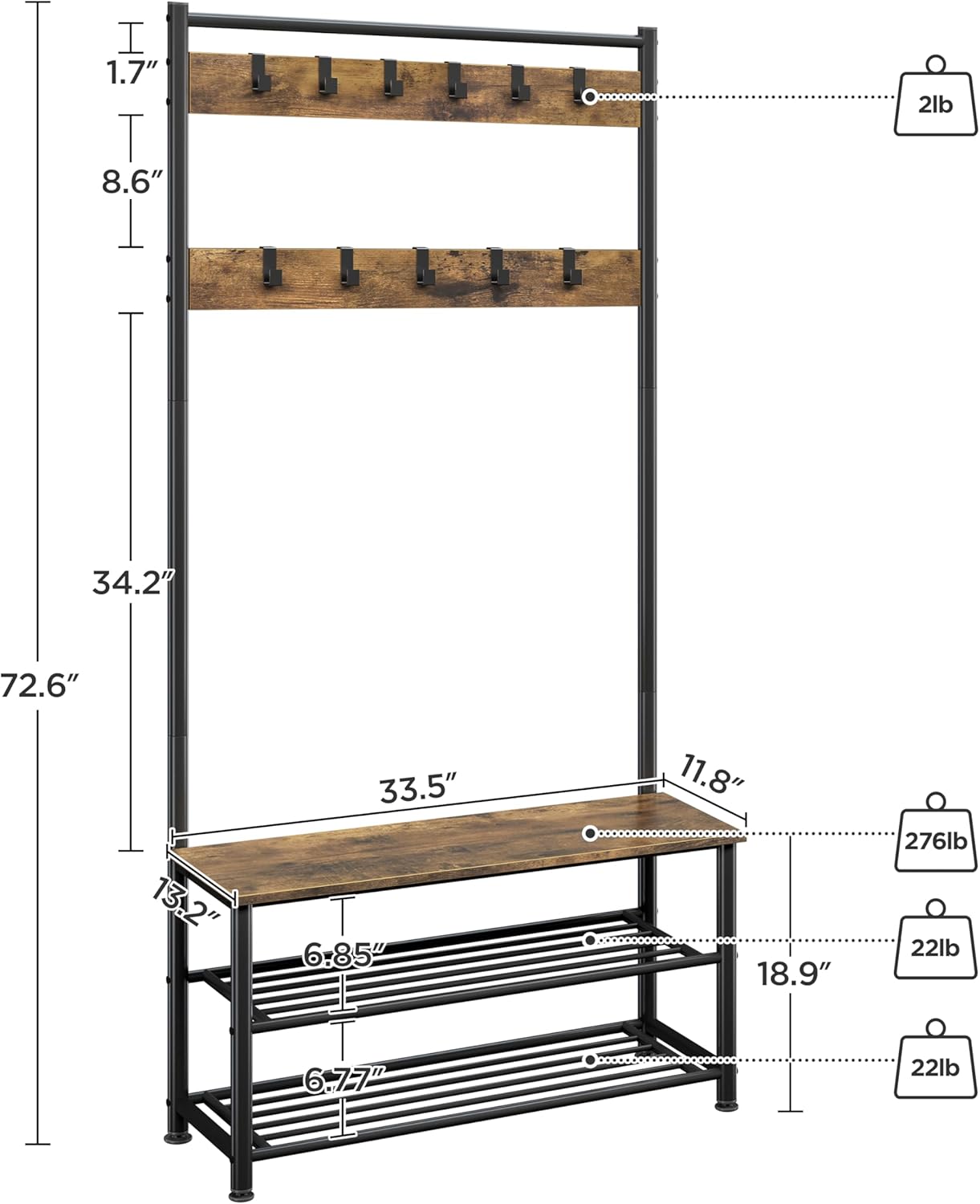 Detaljerede dimensioner af Yaheetech Hall-træet, der viser højde, bredde, dybde og vægtkapacitet for kroge og bænk.