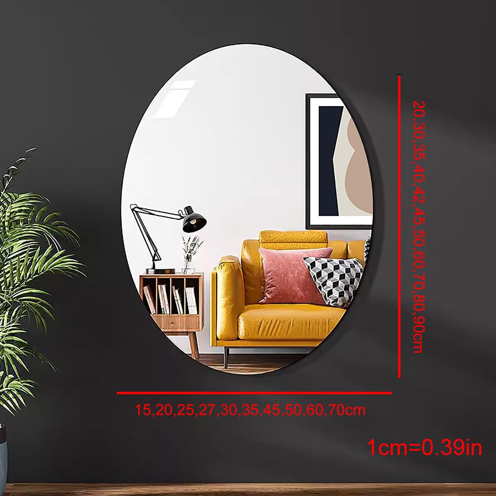 Owalne lustro ścienne, 60 x 80 cm, bezramowe, do mocowania klejem, nowoczesne i eleganckie lusterko do makijażu do sypialni i salonu, łatwy montaż, wyrafinowana dekoracja domu