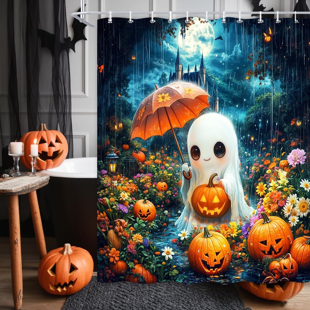 Cute Ghost Halloween Shower Curtain, Funny Watercolor Floral Umbrella Pumpkin Forest Castle Bathroom Decor Curtains, Spooky Night Gothic Waterproof Shower Curtain for Bathroom with Hooks, 72X85IN