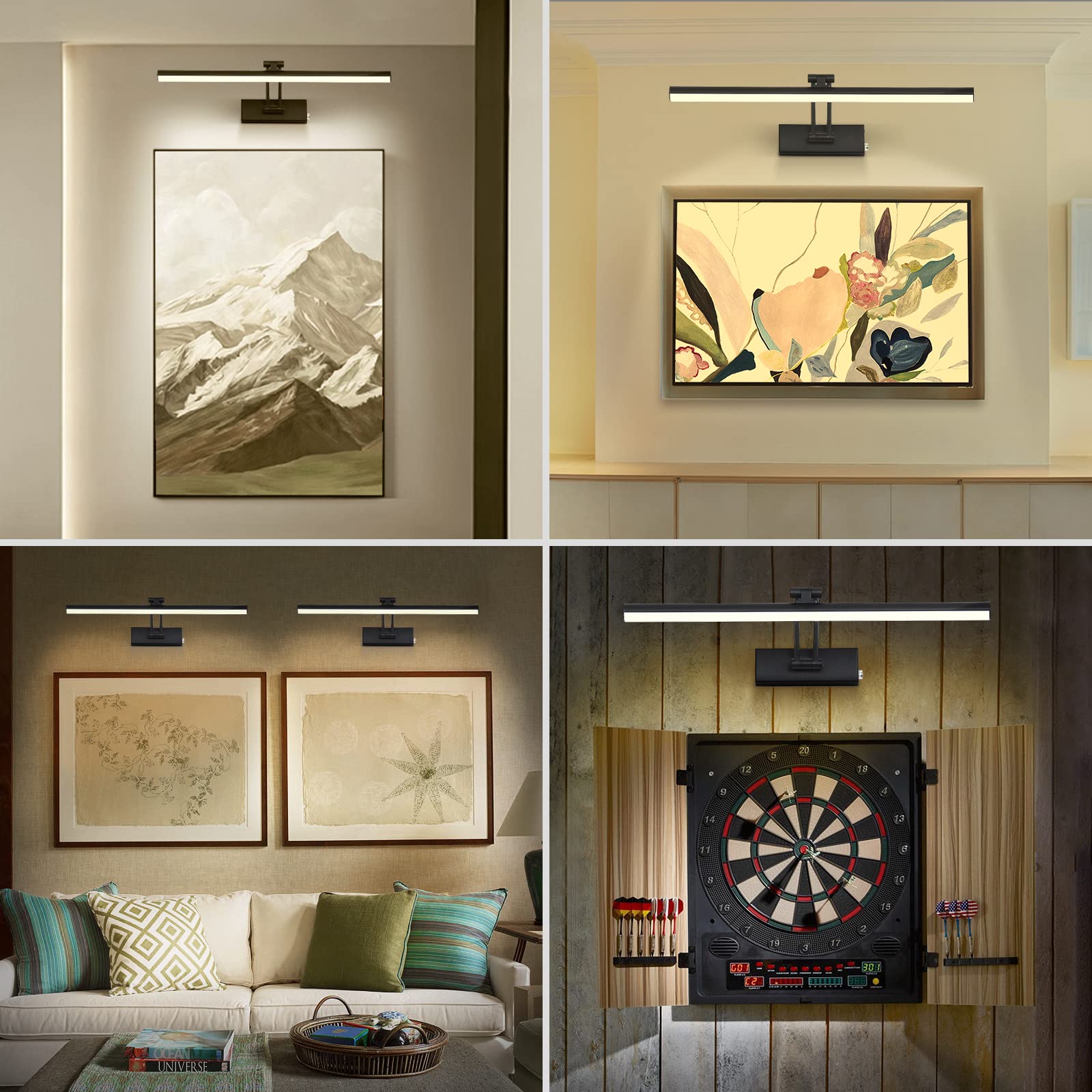 FUNCHDAY Wireless Picture Lights,Rechargeable Battery Picture Light for Paintings with Remote, Dimmable Dartboard Light with Timer,16â€œ Full Metal Art Light for Wall Frame Portrait Black