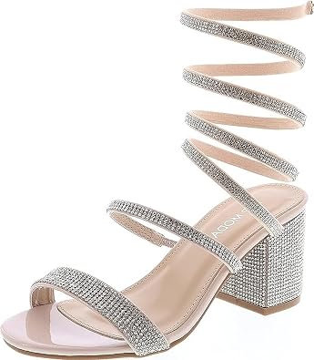 TOP Moda Womens Rhinestone Strappy Spiral Ankle Strap Low Chunky Block Heel Sandals