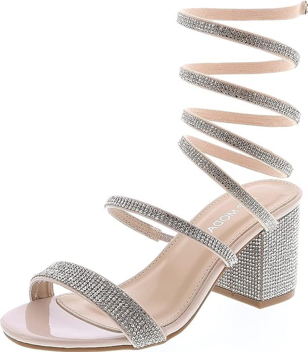 TOP Moda Women's Rhinestone Strappy Spiral Ankle Strap Low Chunky Block Heel Sandals