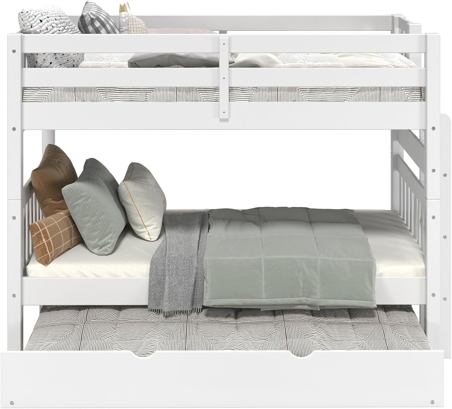 Bedz King Bunk Beds Twin Over Twin Mission Style, End Ladder and a Twin Trundle, White