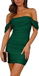 PRETTYGARDEN Summer Dresses for Women 2026 Off Shoulder Ruched Mesh Cocktail Party Graduation Bodycon Mini Short Dress