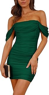Summer Off Shoulder Dresses for Women 2025 Ruched Mesh Graduation Cocktail Party Bodycon Mini Short Dress - Buy now