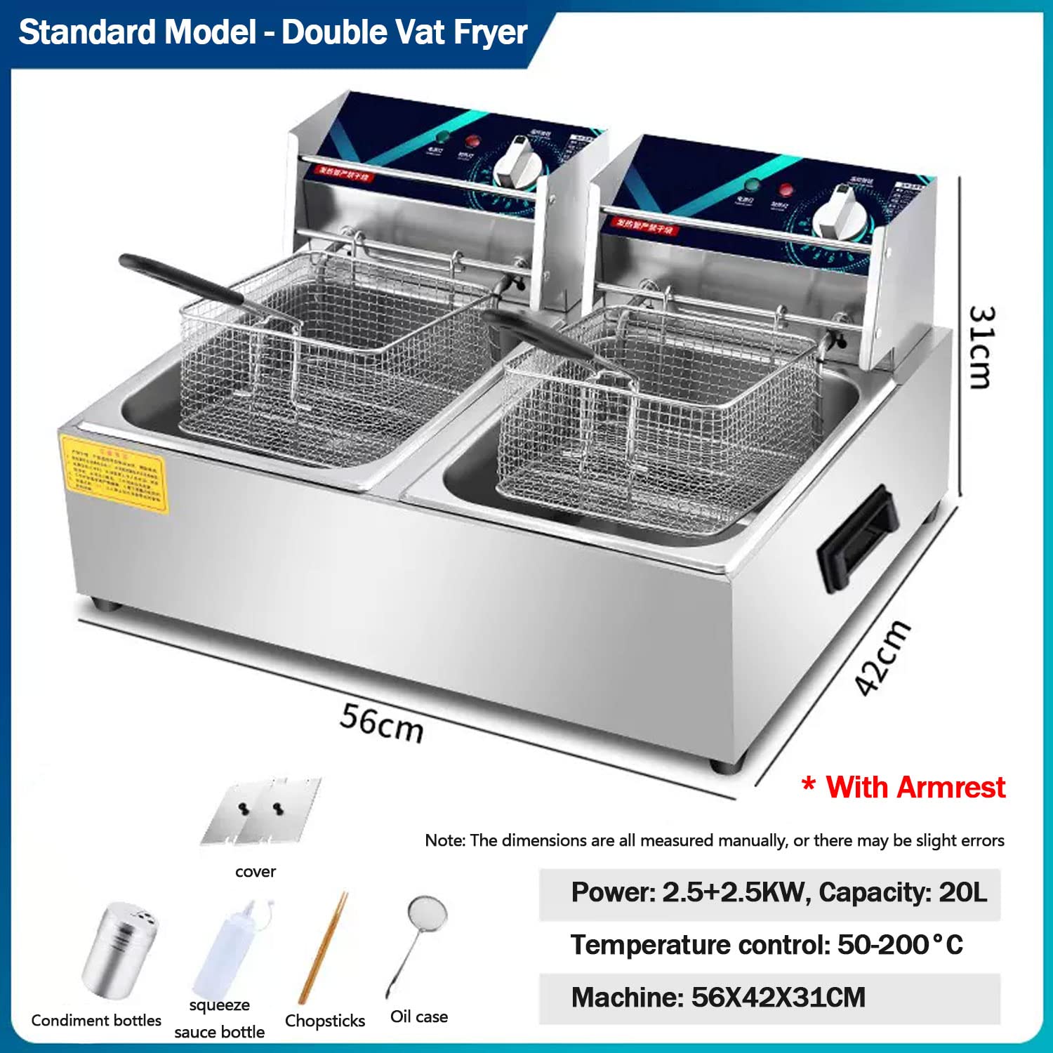 Friggitrice elettrica da banco da 20 Litri, cestello in Acciaio Inox, friggitrice da banco con Coperchio, impostazione della Temperatura Regolabile e indicatore Luminoso con coperc