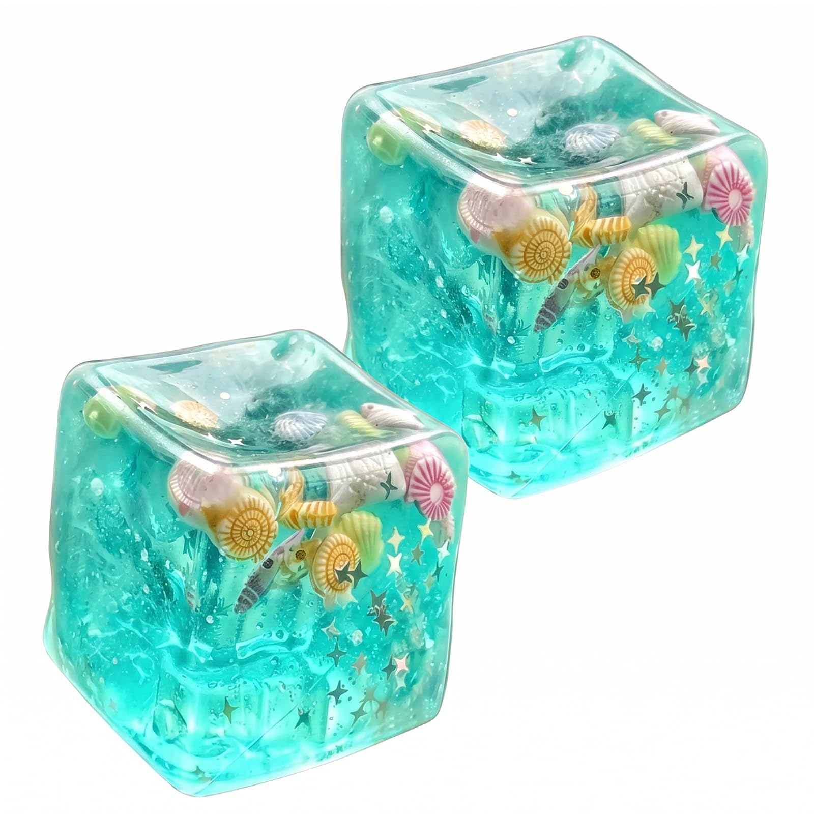 2Pcs Ice Cube Squishy, Fidget Cube Toys, Slow Rise Squishies with Glitter Sea Shells, Portable Squishy Fidget Toys, Sensory Toy for Stress Relief, Ice Cube Stress Balls for Adults Teens (3cm)