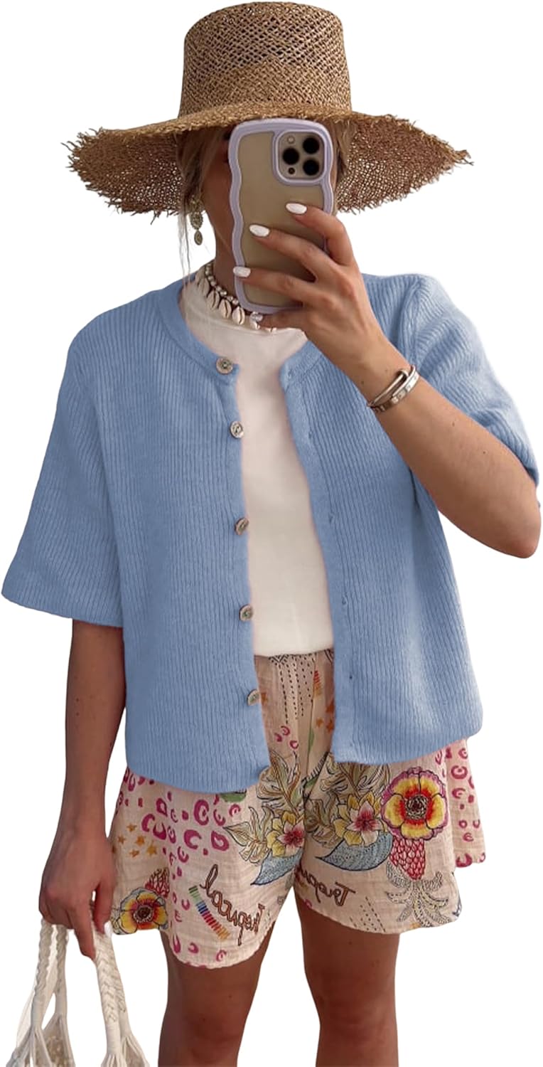 Tanming Womens Cardigan Sweaters Soft Knit Top Short Sleeve Button-Down Shirt Summer Cardigan Sweater