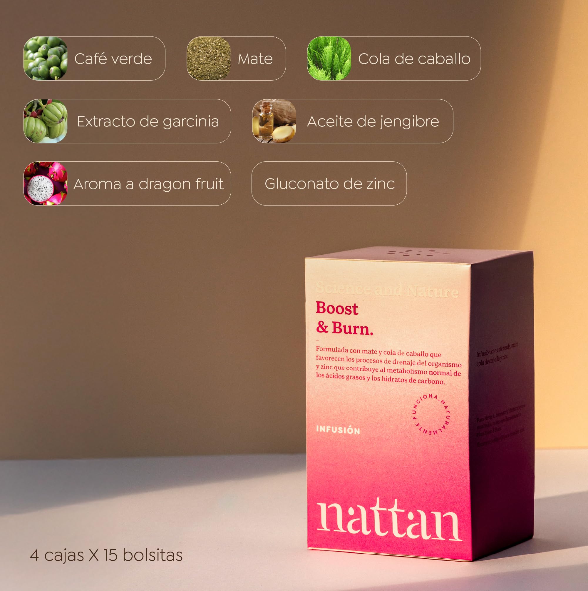 Nattan – Plan Boost & Burn – Rutina Dual de Infusión y Complemento, Apoyo al Metabolismo Energético con Zinc con Café Verde, Mate y Cola de Caballo – 120 Cápsulas y 60 Infusiones