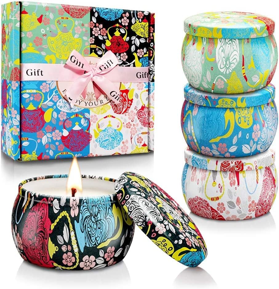 Flower Scented Candles Gift Set, 4.4 oz Natural Soy Aromatherapy Candle 120 Hours Burn Highly Scented Candles for Home Admin Mothers Day Birthday Women Gifts, 4 Pack