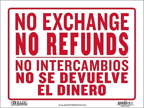 BAZIC No Intercambios No Se Devuelve El Dinero Letrero No Intercambios No Reembolsos, Señalización de plástico para tiendas minoristas, 1 paquete