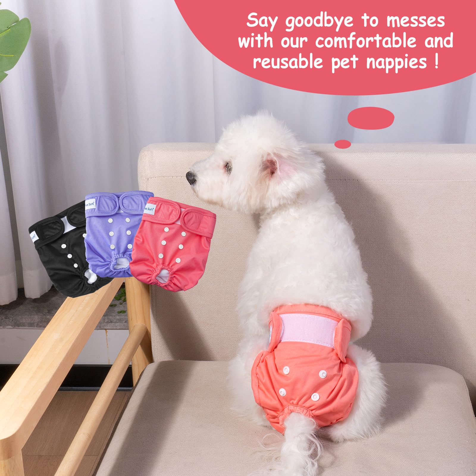 Pet Soft Couche Chien Femelle, Lot de 3 Culotte Chiennes Chaleurs, Couches Lavables pour Chien Femelle avec Ceinture Anti-Fuite (Clair, S)
