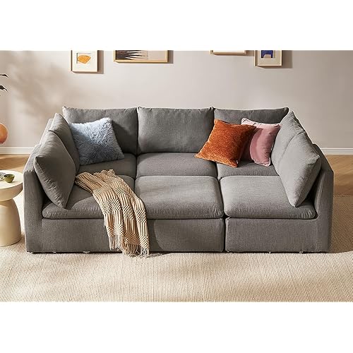 mopio Oversized Modular Sectional Sofa with Fully Removable Covers and Storage, Convertible U, L-Shaped and Sleeper Sectional, Modern Couches with Ottoman Chaise (Stone Gray Fabric, 6 Seats, Sleeper)