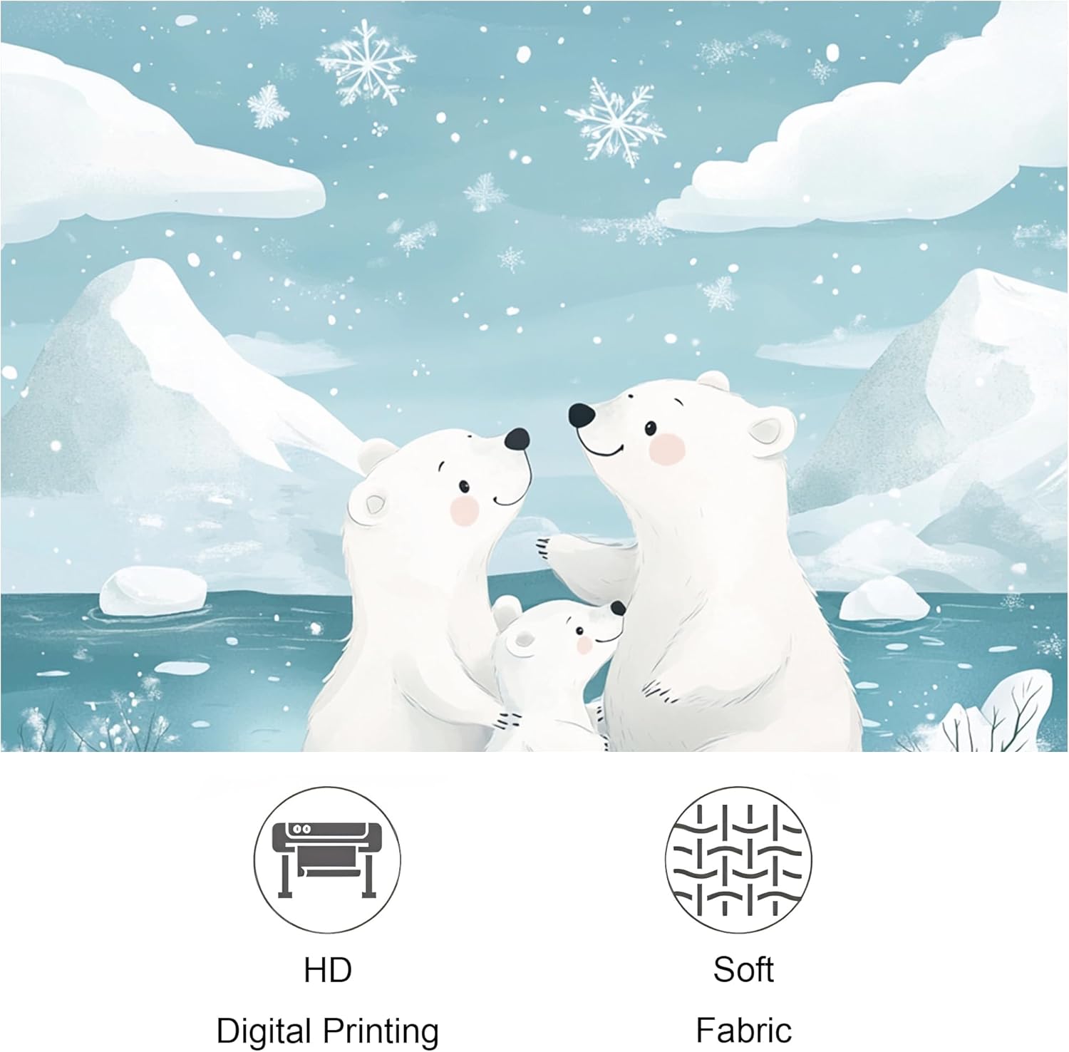 3PCS Winter Snow Polar Bear Family Bathroom Accessory Set with Two Non-Slip Washable Bath Rugs (16x24&20x32), Fun Cartoon Animal Bathroom Mat Decorative-72''x72'''