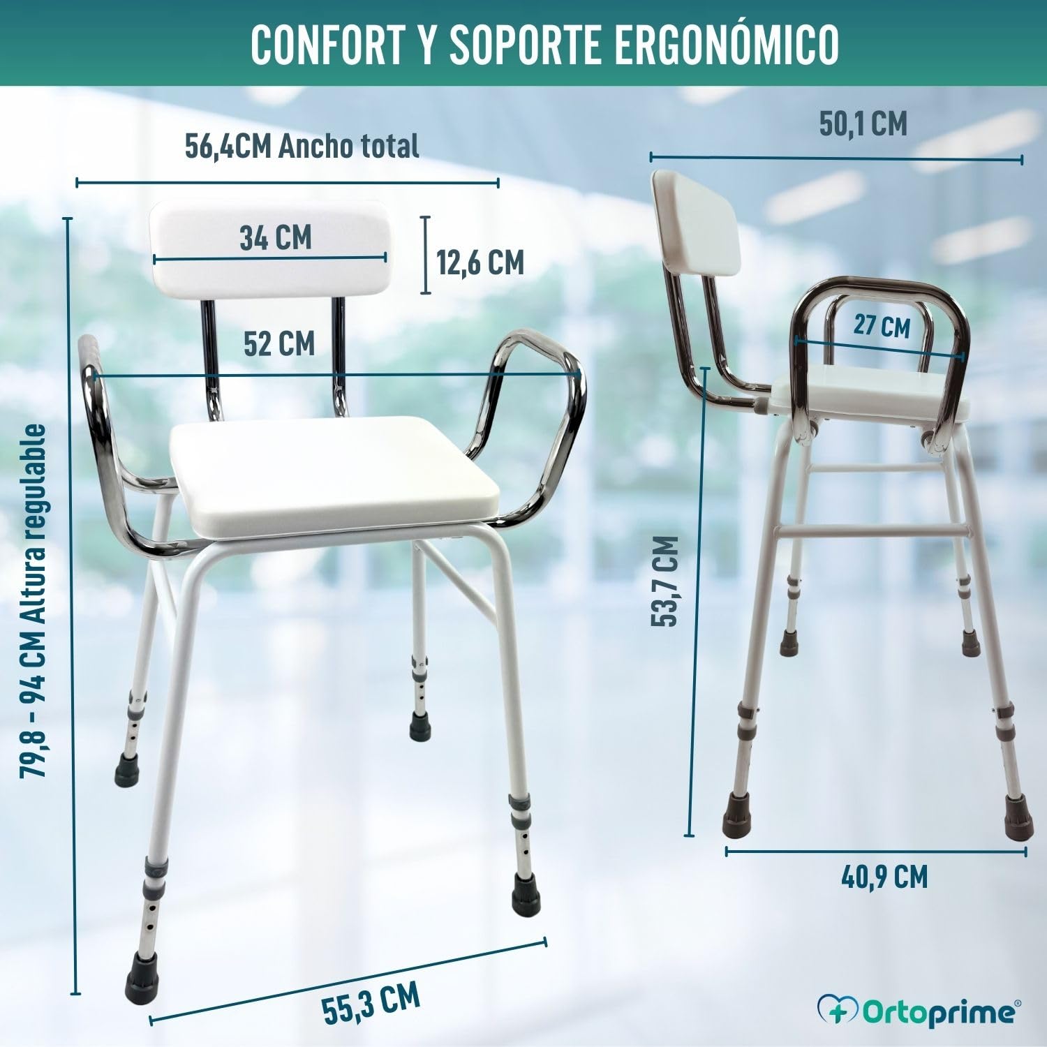OrtoPrime Taburetes Altos de Cocina TAREAS HOGAR Silla Alta para Cocinar Regulable Silla de Apoyo con Reposabrazos - Silla Alta Ortopédica Ancianos - Taburete Cocina Alto con Respaldo Acolchado