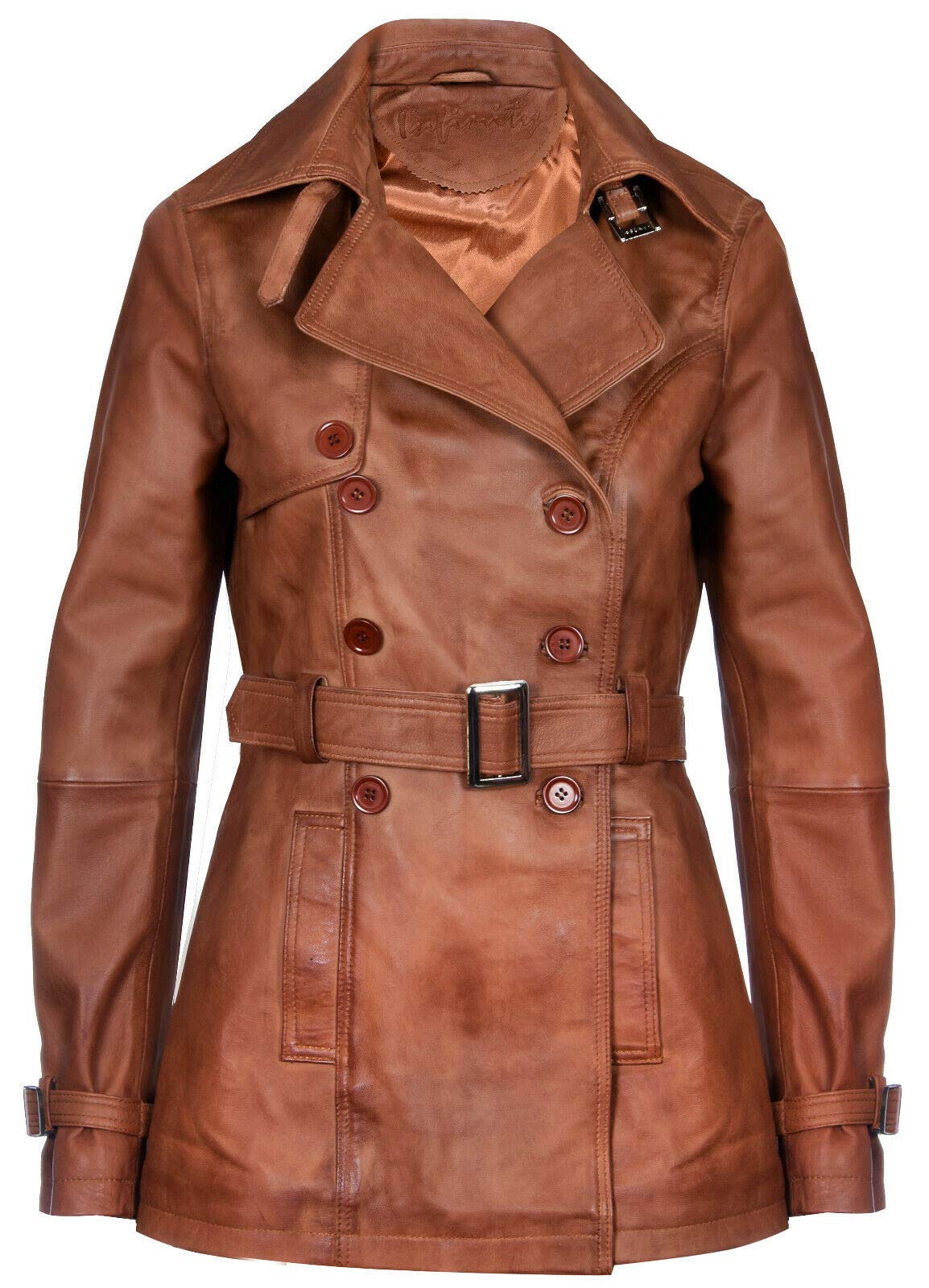 Ladies Leather Trench Coat Tan Mid Length Coat Classic Jacket 3XL