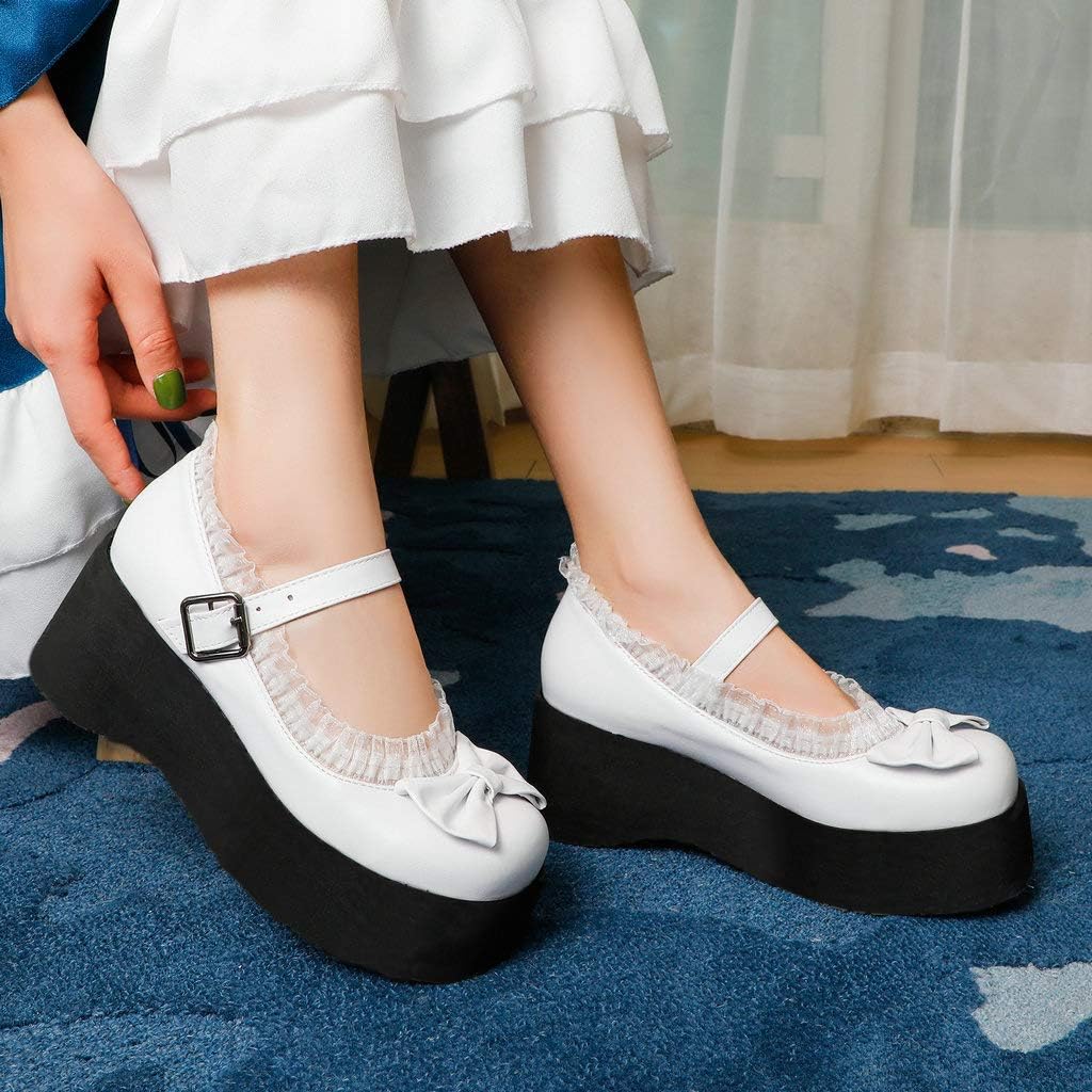 KOKOMOMO Womens Cute Goth Shoes Bow Platform Mary Janes Gothic Wedge Shoes