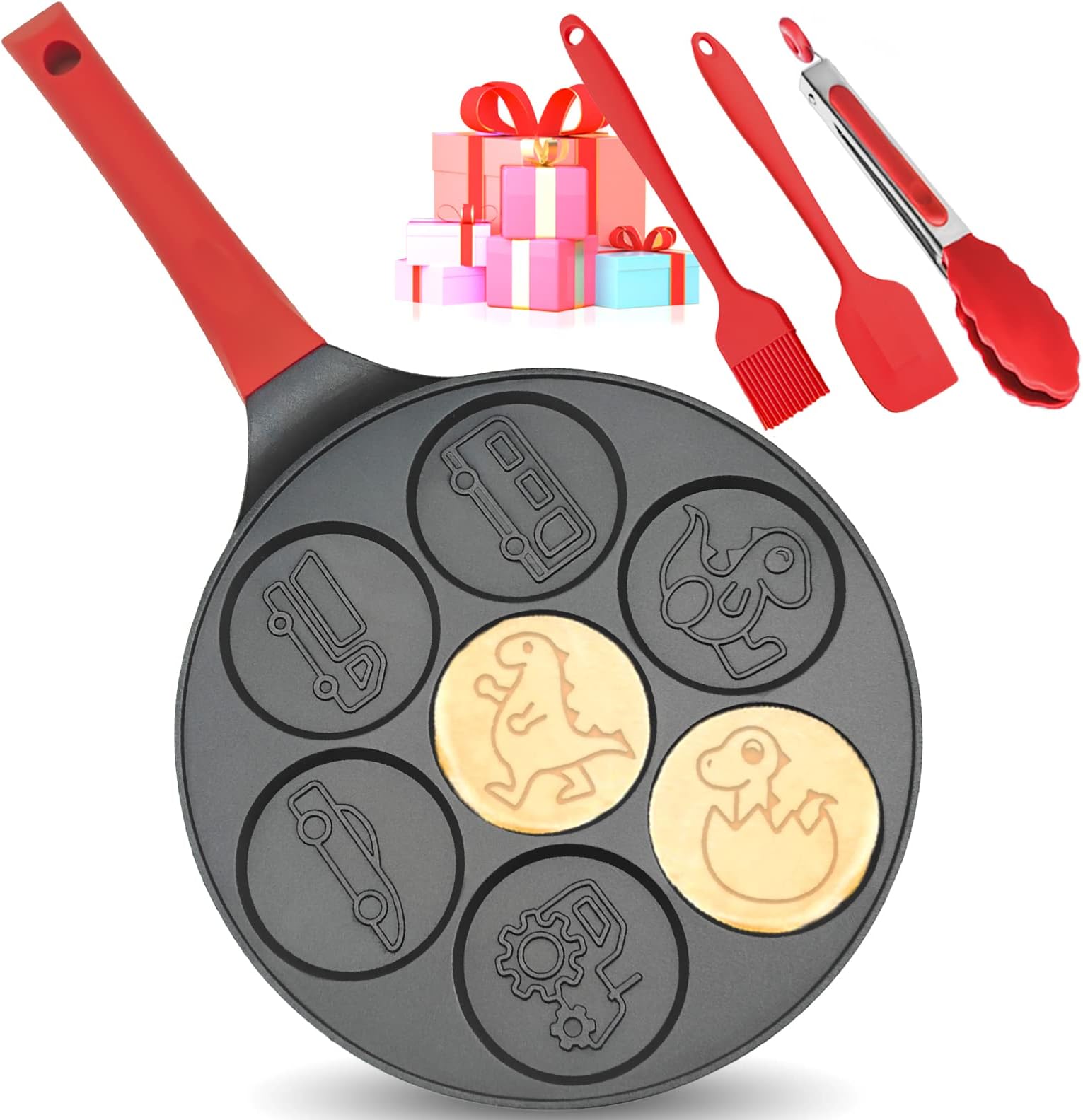 Dinosaur 7-Cup Egg Pan Omelet Pans Pancake Pan for Kids Nonstick Egg Cooker, Dino Cars Trucks Omelette Crepe Pancake Maker, Black