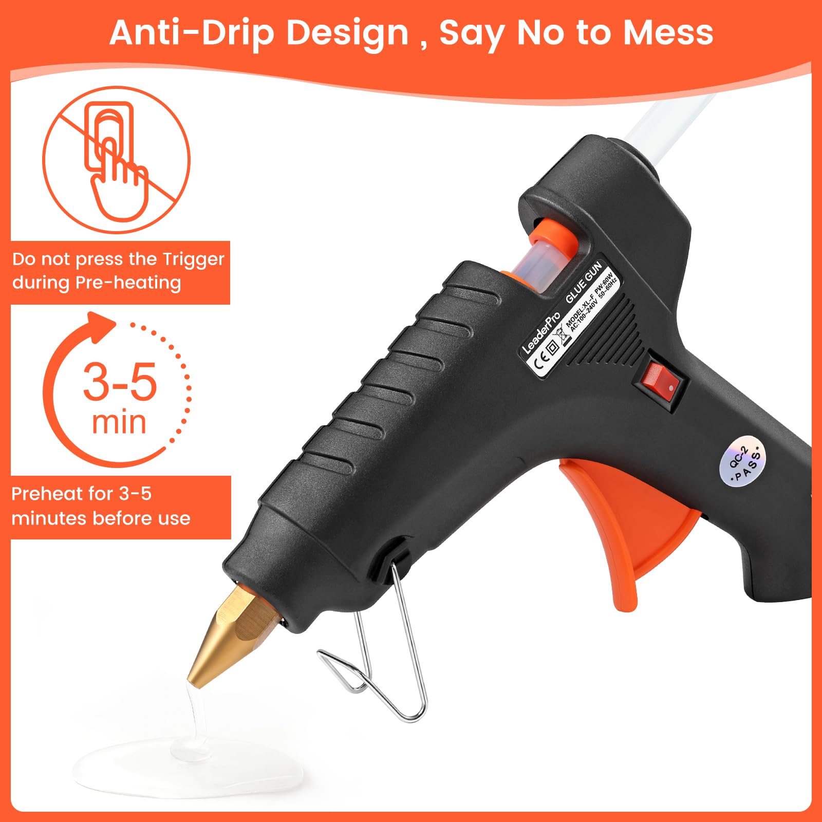 Pistolet à Colle LeaderPro avec une Trousse à Outil, 60W (Plus Efficace que 20W), 20pcs Bâtons de Colle 19cm*11mm, pour Bricolages/Loisir Créatifs/DIY, Noir