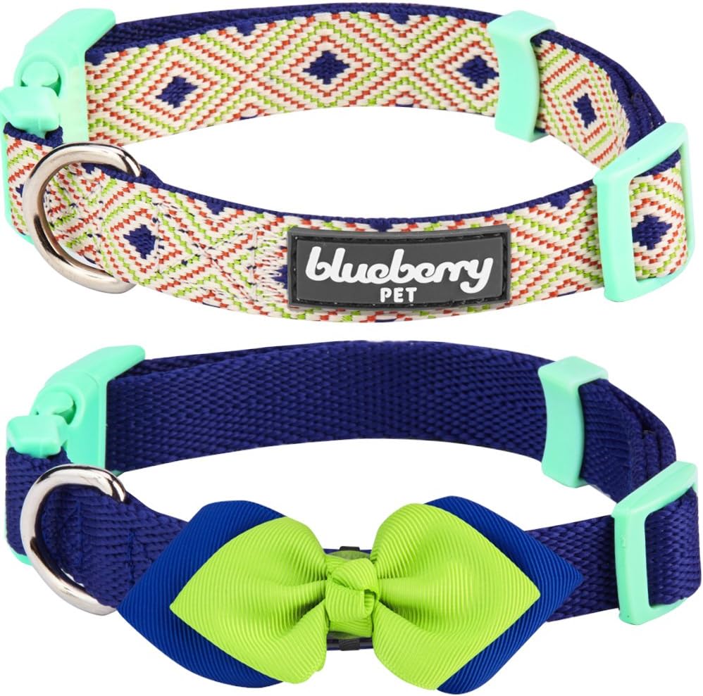 Blueberry Pet Pack of 2 Multiple Patterns Mix and Match Stunning Diamonds Adjustable Dog Collar with Detachable Green Bow Tie, Small, Neck 12"-16"