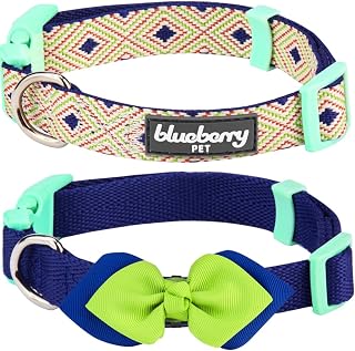 Blueberry Pet Pack of 2 Multiple Patterns Mix and Match Stunning Diamonds Adjustable Dog Collar with Detachable Green Bow Tie, Small, Neck 12"-16"