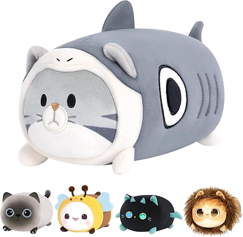 Mewaii Bonita almohada de felpa de gato de tiburón, peluche Kawaii de gato gris, peluche de gatito con disfraz de tiburón, regalo de cumpleaños