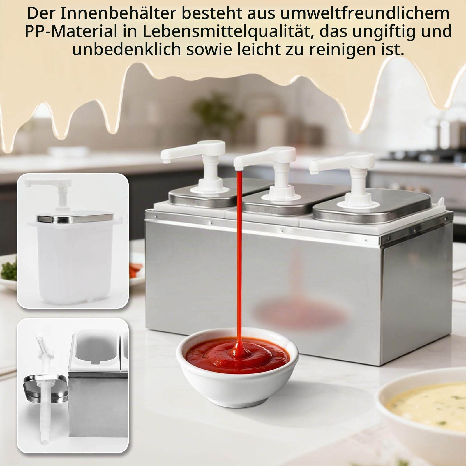6L Saucenspender Pumpstation, 3 x 2 L Edelstahl Gewürzspender, Soßenspender Pumpe für Sojasauce, Essig, Ketchup, Salatdressing, Mayonnaise - 6 Pumps