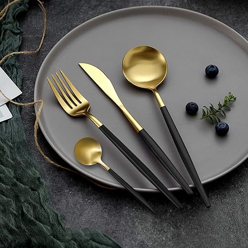 Miniatura 4 de Juego de cubiertos dorados y negros, 24 piezas de cubiertos dorados para 6, cubiertos negros y dorados, juego de cubiertos de acero inoxidable,
