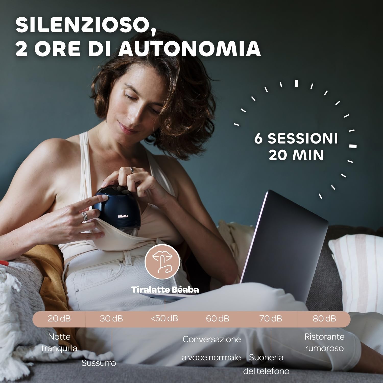BÉABA, Tiralatte elettrico a mani libere, leggero, compatto, 3 modalità, 9 livelli, 0 onde, silenzioso, grande capacità 180 ml, timer, funzione memoria, 6 sessioni, ricarica USB C, blu notte