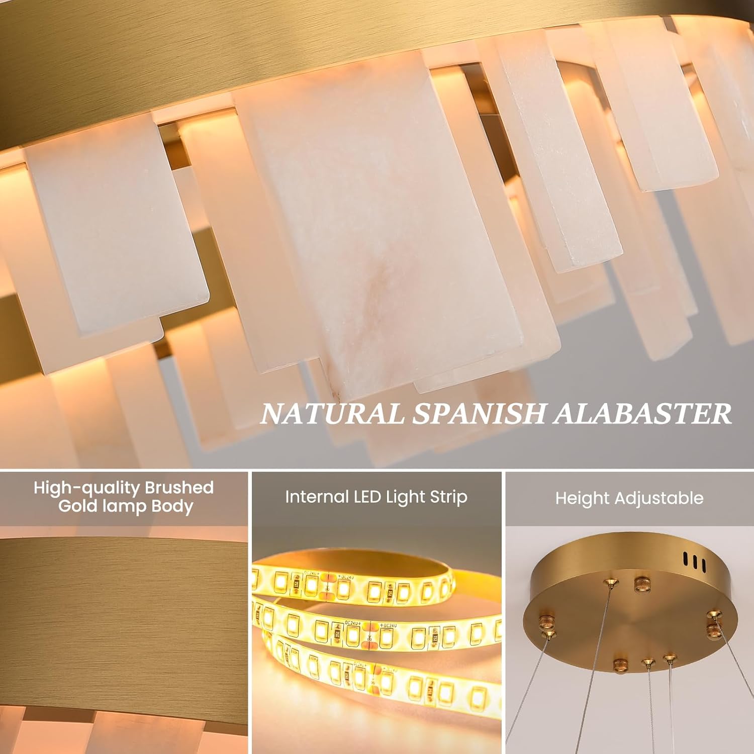 Alabaster Round Chandelier, 32 Inch Natural Spanish Marble Stone Texture Chandeliers, Dimmable Dining Room Chandelier over Table, Modern Luxury Lighting for Living Room, Bedroom, Entryway, Foyer