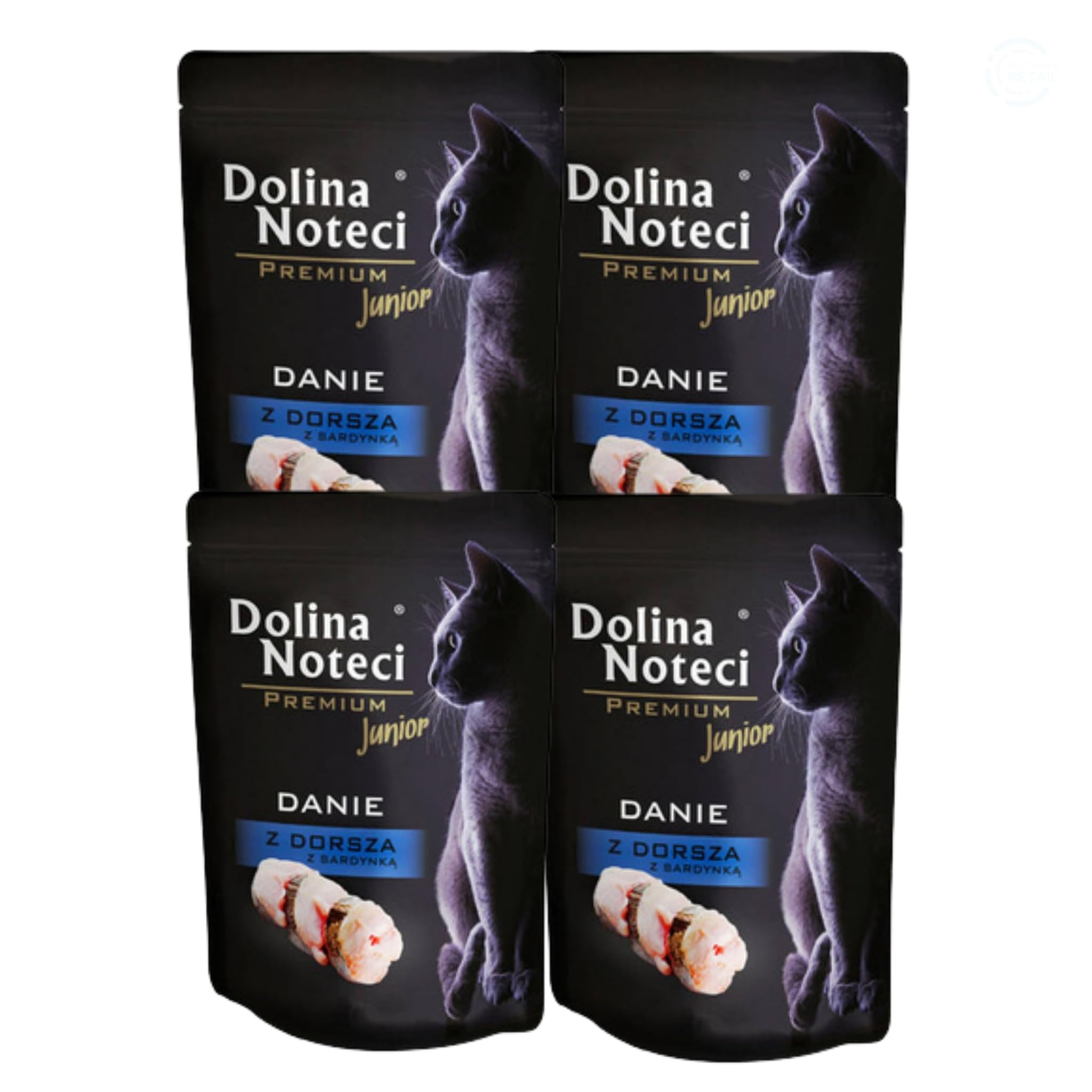 Dolina Noteci Premium Junior Wet Cat Food Cod Dish With Sardine - Grain-Free Kitten Food - High Protein Fish Formula for Growth & Development - Complete Nutrition - Single Serving Pouch (4x85g)