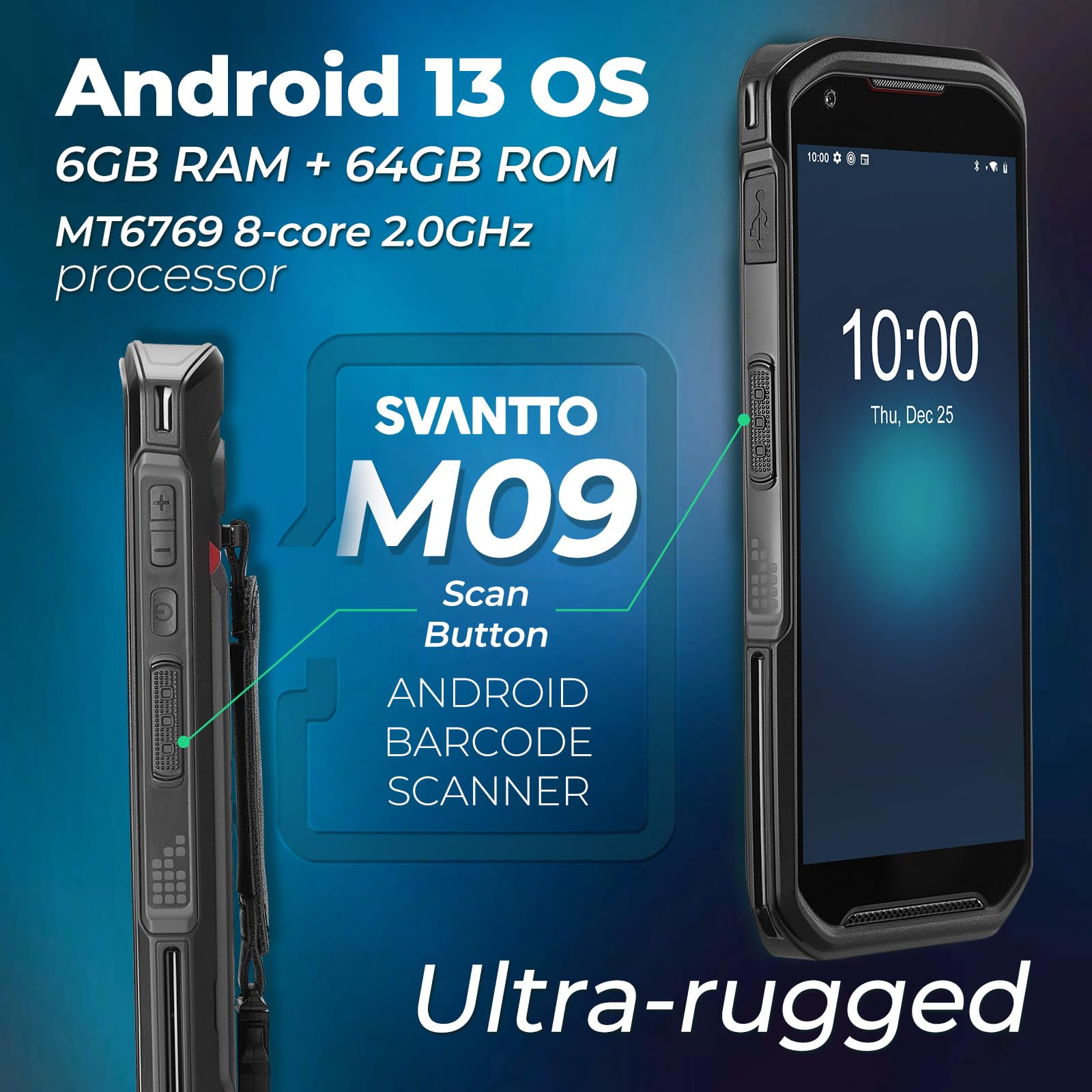 SVANTTO Escáner de Códigos de Barras Android M09, PDA Portátil con Android 13, Pantalla Táctil de 5.5 Pulgadas 6+64GB con Hot-Swap para Inventario WMS, Capacidad de Doble SIM