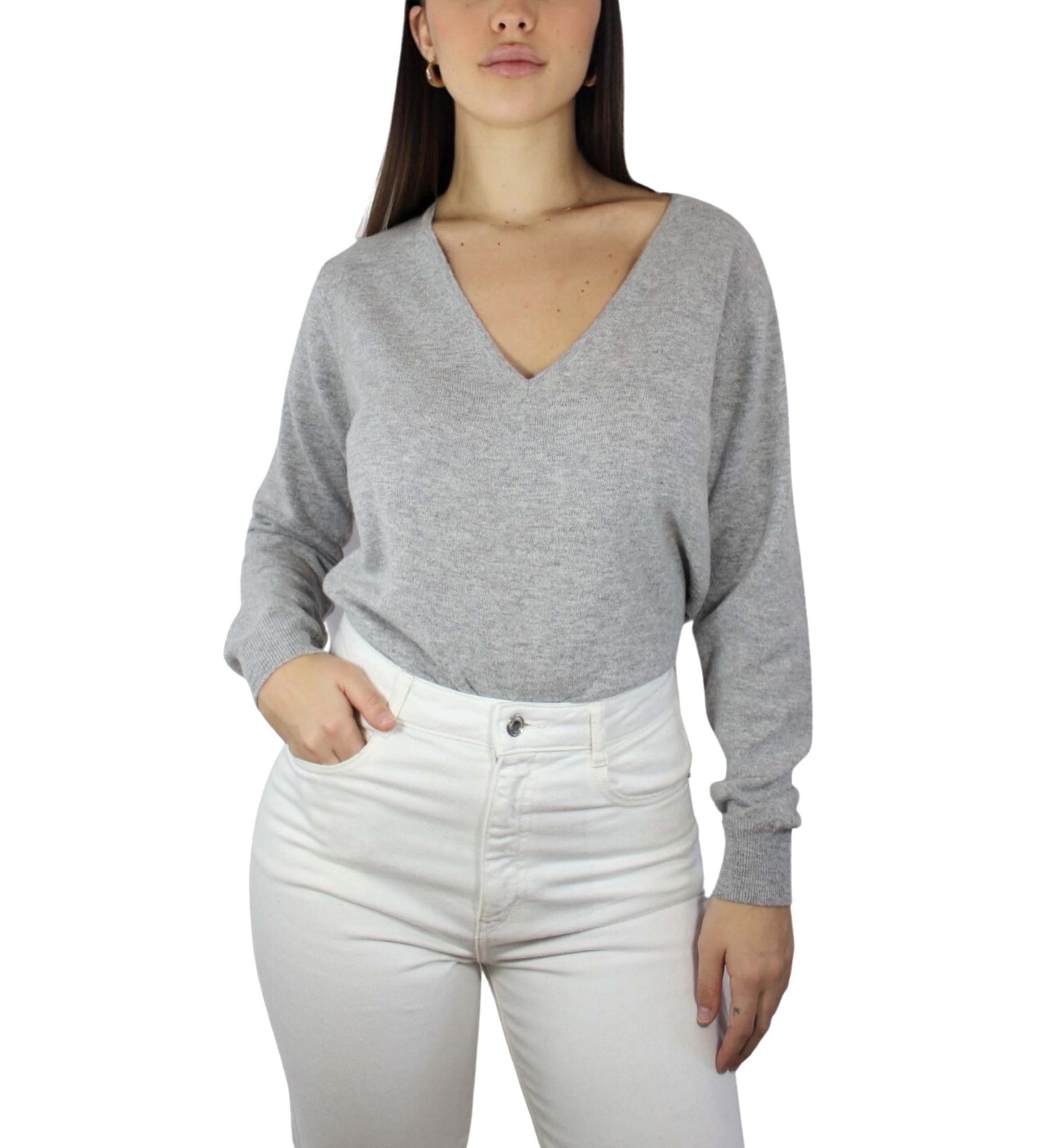 Win's Women's Cashmere V-Neck Sweater, Made in Italy, Flecked grey, XXL