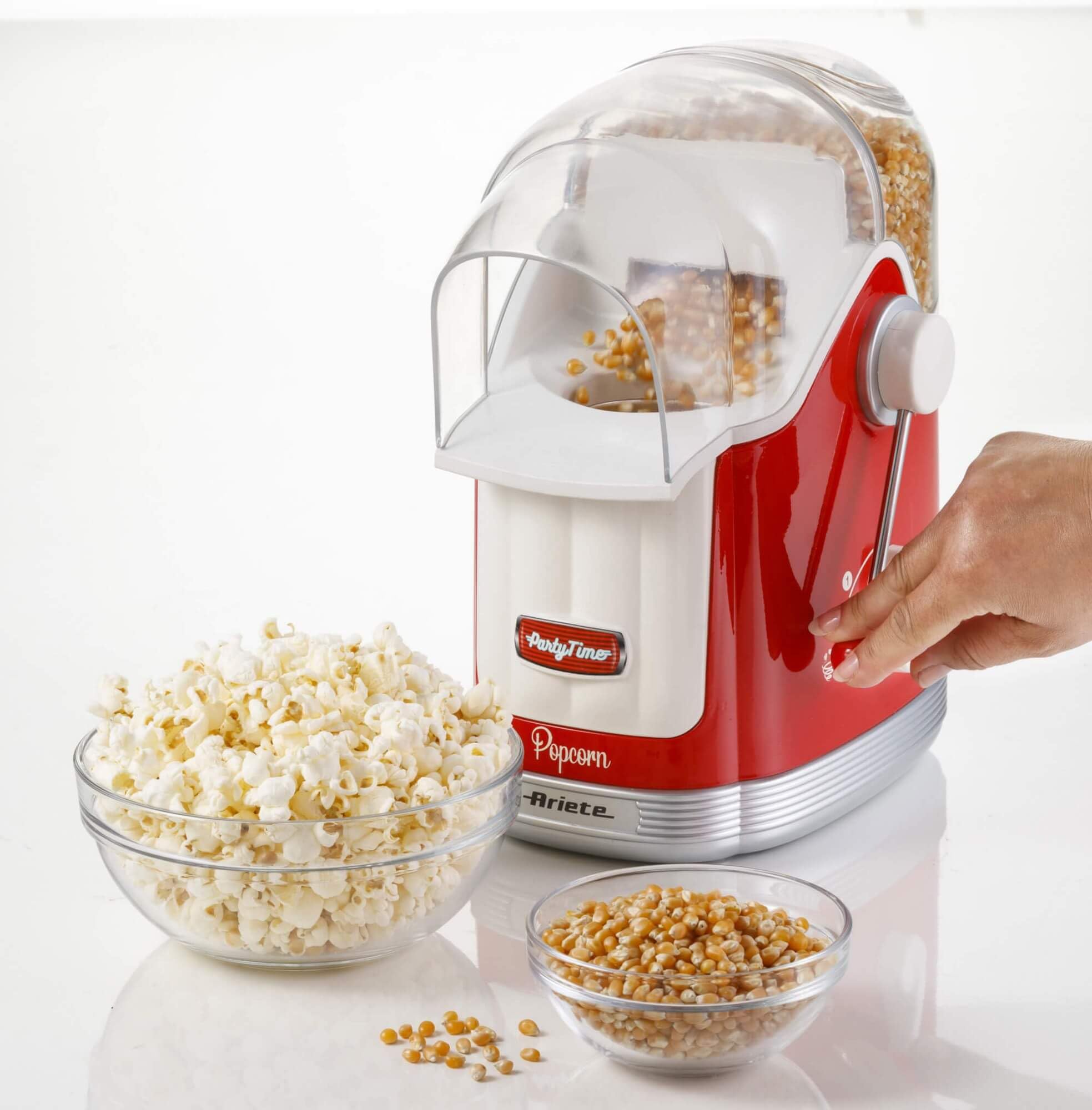 Ariete 2958 Pop Corn Maker Party Time, Macchina per pop corn con leva, 1100 Watt, Capacità 600 g, Cottura ad aria calda senza grassi, Rosso