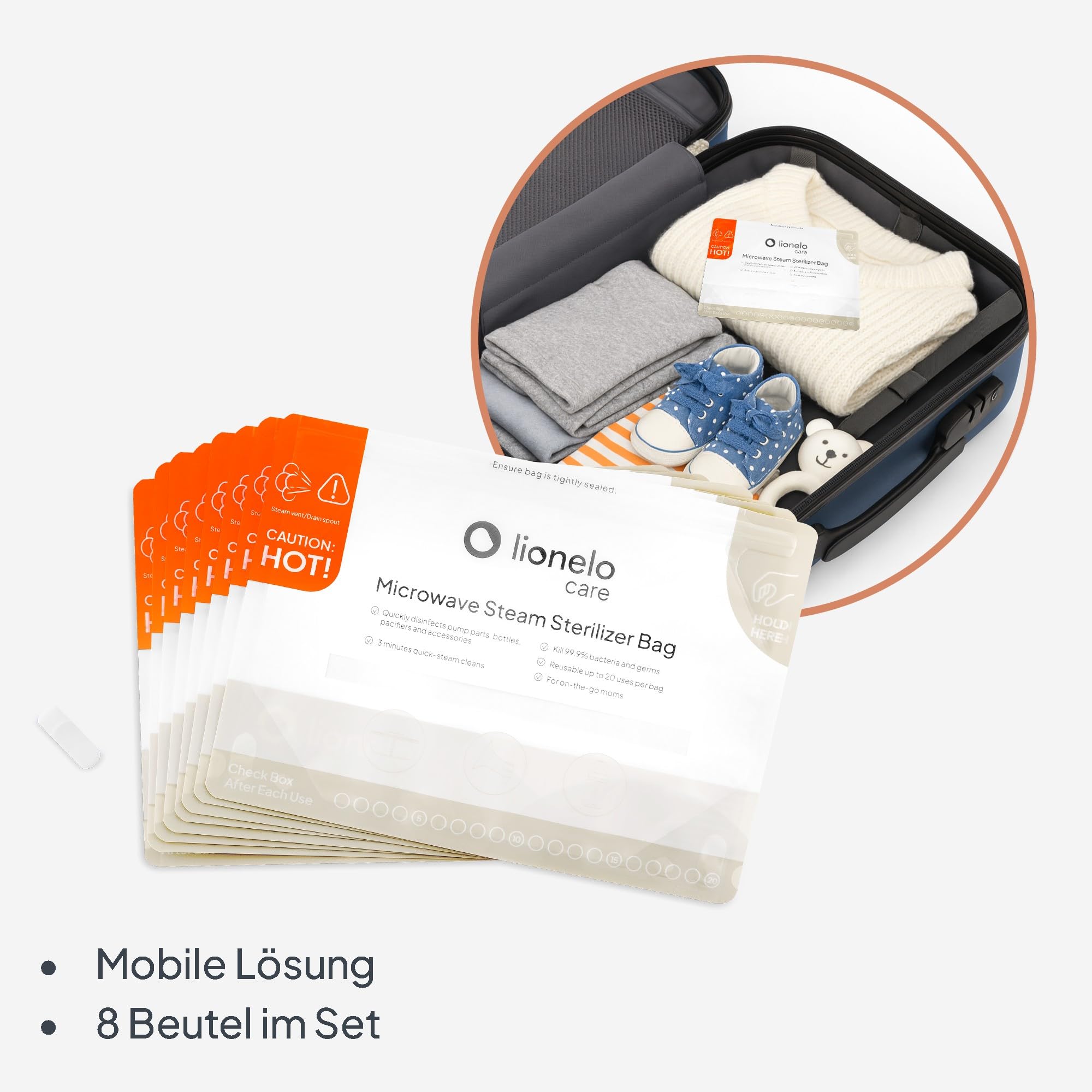 LIONELO ThermBag 8er-Pack Mikrowellen-Sterilisationsbeutel – Wiederverwendbar, BPA-frei – Für Babyflaschen, Schnuller, Milchpumpen – 90 Sek. Schnellsterilisation, Ideal auf Reisen