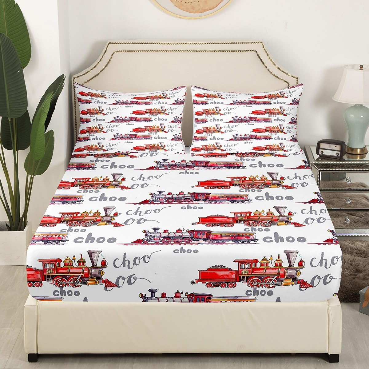 Castle Fairy Kids Train Bed Sheet Twin Size Cartoon Car Bedding Set for Boys Girls Choo-Choo Train Tracks Fitted Sheet White Red Construction Vehicle Top Flat Sheet Teens Bedroom Decor,1 Pillowcase