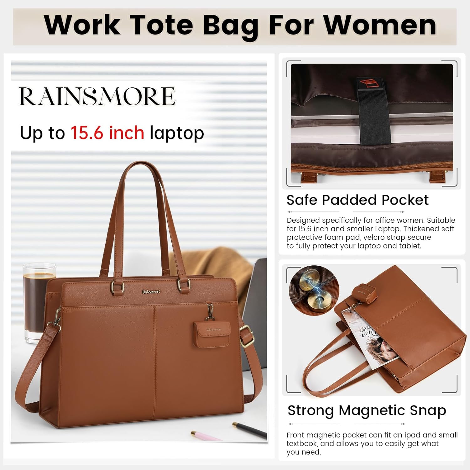 RAINSMORE Laptop Bag for Women 15.6 Inch Work Tote Bags Waterproof Leather Laptop Computer Tote Professional Briefcase - Image 4