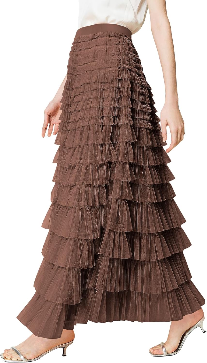 PEHMEA Tulle Maxi Skirts for Women, High Waist A-Line Flowy Elegant Party Wedding Guest Casual Skirt