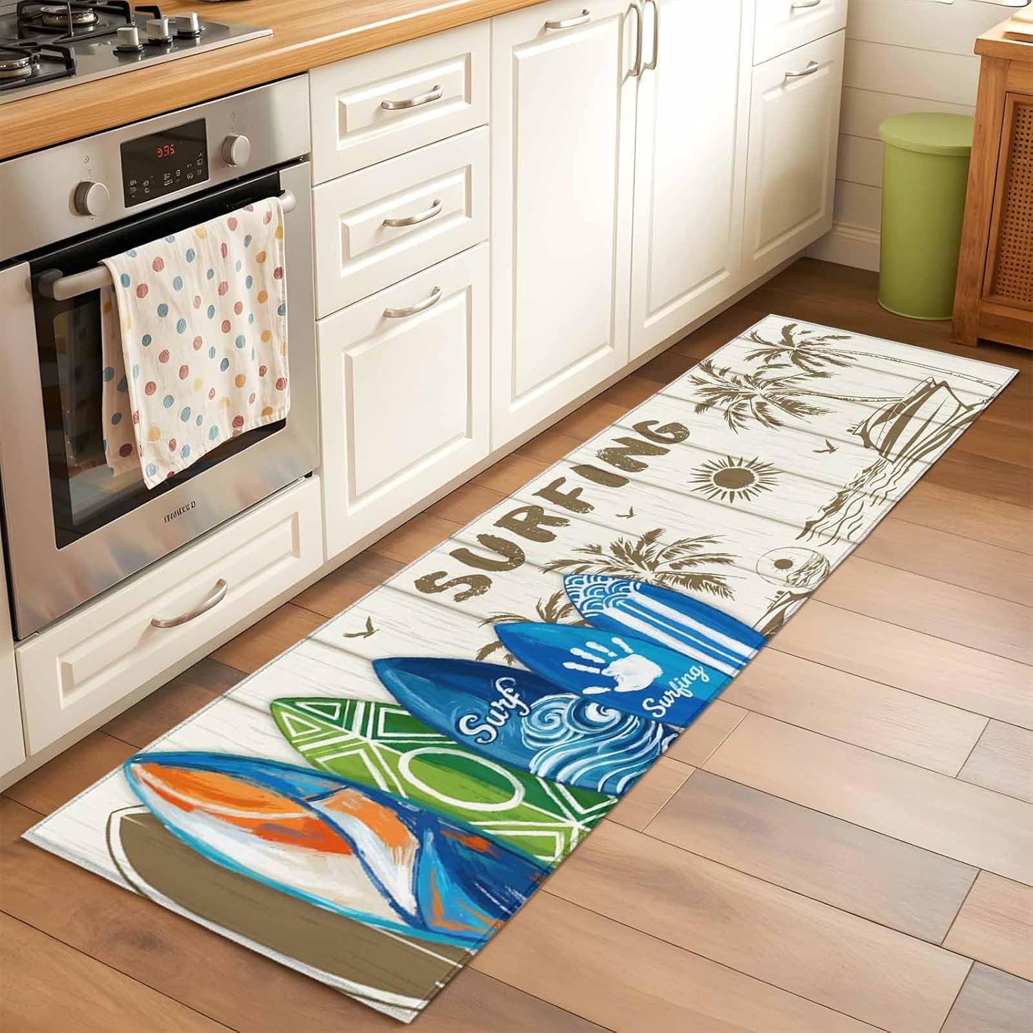 Summer Surfing Runner Rugs 2x6 ft Surfboard Beach Palm Trees Wood Grain Retro Washable Hallway Rugs Non-Slip Floor Mats Absorbent Carpet Bedside Runners for Bedroom Kitchen Bathroom Laundry Room